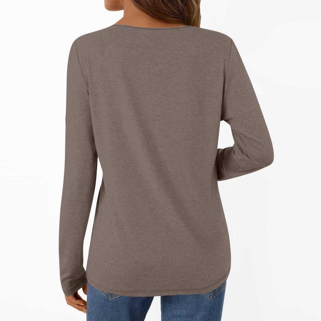 Women's Casual Fashion Brushed Color Long-sleeved V-neck Top T-shirt