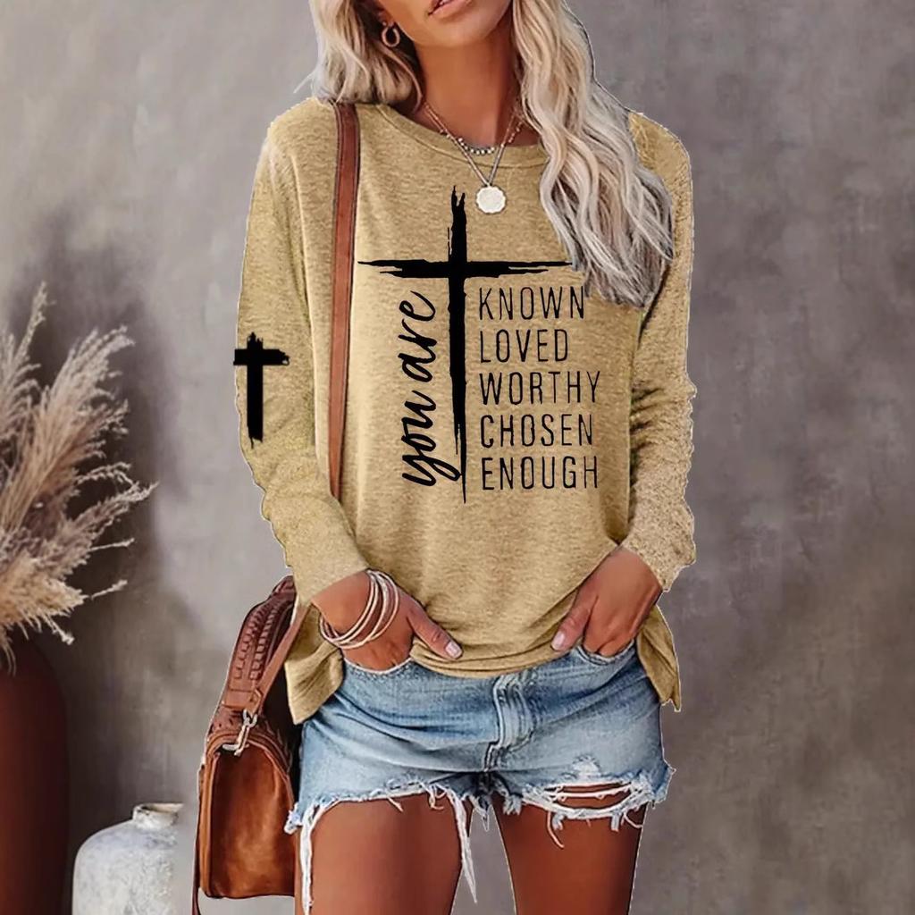 Cross Letter Printed Long Sleeved T-shirts for Women's Casual Multi-color Top