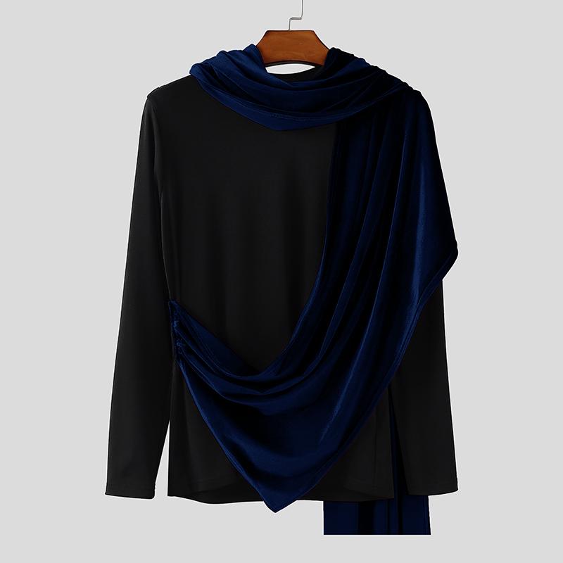 

INCERUN Autumn Men Long Sleeve Ruffled Irregular Velvet Patchwork Casual Tops T-shirts 3XL синий