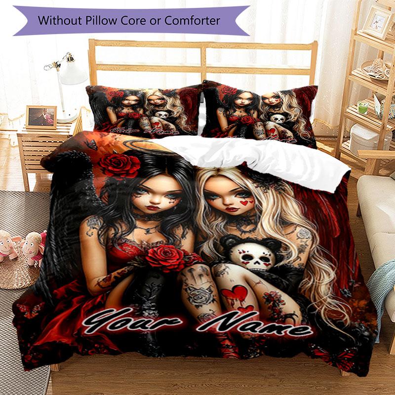3pcs Custom Name Dark Angelic Fantasy Bedding Set Printed Bedding Set Duvet Cover Closure Includes 1 Duvet Cover & 2 Pillowcases Bedroom Decor