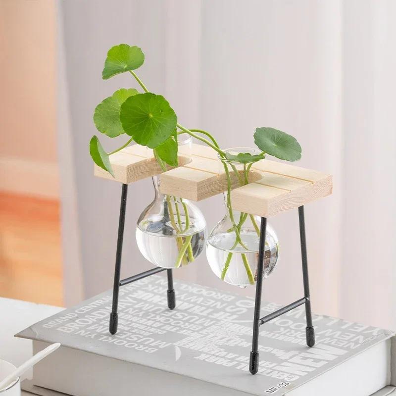 Artistic Wooden Frame Glass Hydroponics Vase Vintage Home Decor Artistic Transparent Flowerpot Coffee Shop Tabletop Decor