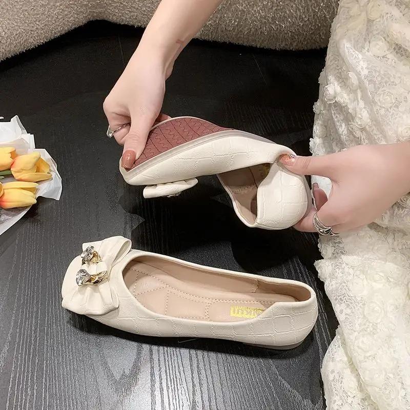 Fashion Women's Flat Shoes Square Toe With Crystals Leather Casual Khaki Diamond Spring Summer 2025 Elegant Dress 39 Y2k Ladies Footwear