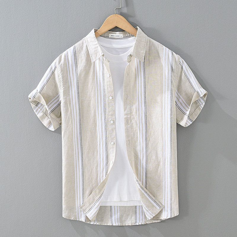 Foreign Trade Surplus Summer Striped Short-Sleeve Cotton-Linen Shirt for Men, Loose Simple Shirt, Trendy Casual Thin Top