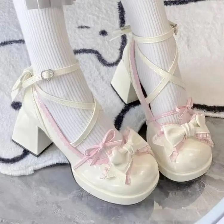 Cross Strap Women High Heels Mary Jane Pumps Party Wedding Cosplay Beige Blue Bow Princess Cosplay Lolita Shoes 2025