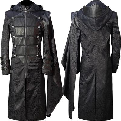 Gothic Steampunk Men's PU Jacket Halloween Cosplay Costume Hoodie Victorian Medieval Long Coat