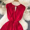 Sommer Neues Französisches Chic Maxikleid Damen V-Ausschnitt Ärmellos Schnürung A-Linie Falten Damenkleider Damen