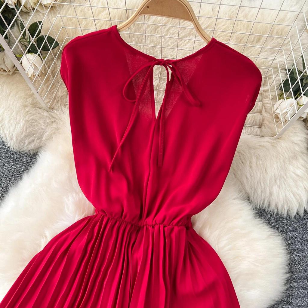 Sommer Neues Französisches Chic Maxikleid Damen V-Ausschnitt Ärmellos Schnürung A-Linie Falten Damenkleider Damen