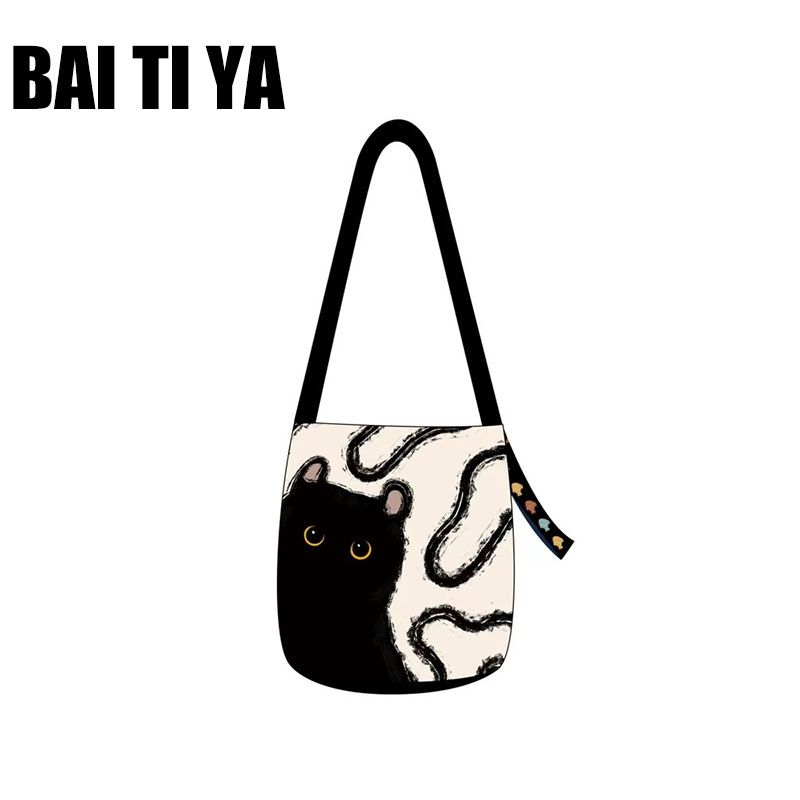 

Bai Tiya Korean Style Casual Canvas Bag Large Capacity Loose Canvas Bag Cat One Shoulder Bag Stylish Black small briquettes ribbon
