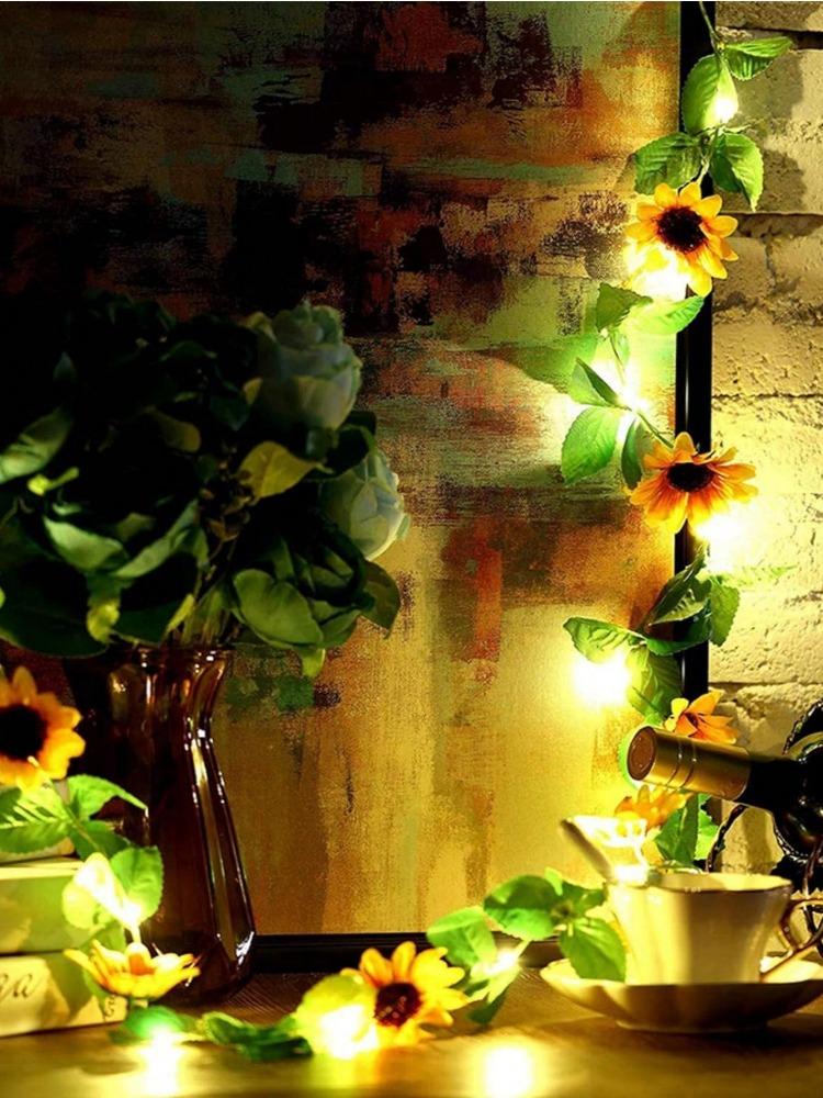 Waterproof 2m 20LED Sunflower Roses String Lights Outdoor Artificial Flower Fairy String Lights Sunflower Roses Garland with Lights for Garden