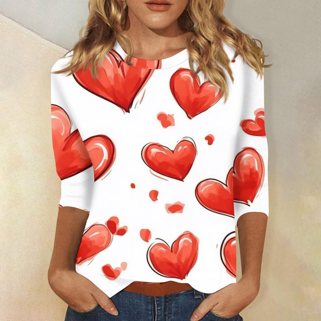 Women's Fashion Casual Round Neck Valentine's Day Love Heart Printed Three-quarter Sleeve T-shirt Top