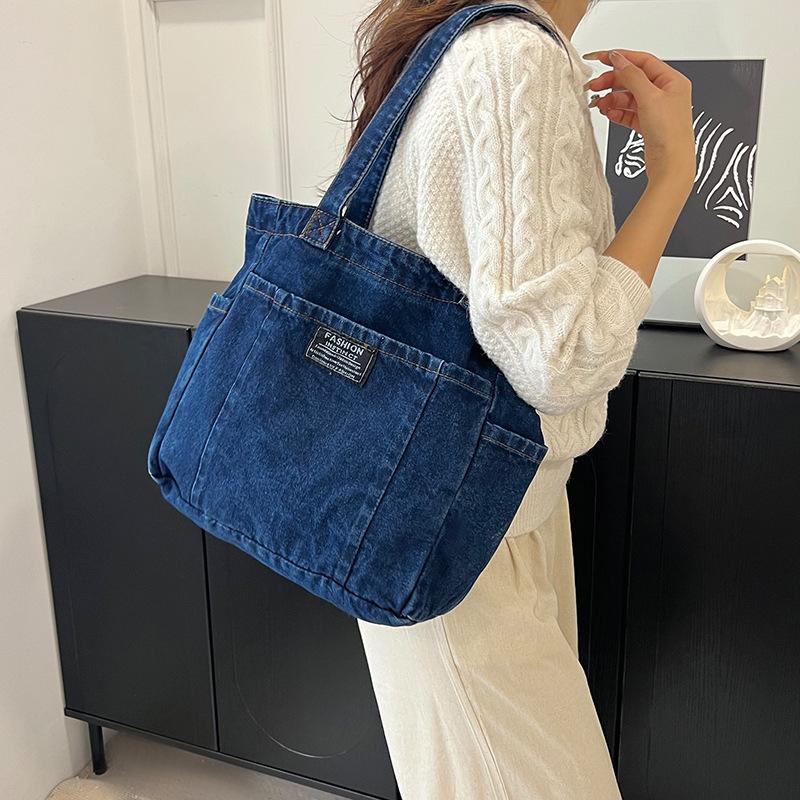 Vintage Washed Denim Shoulder Bags for Women Large Capacity Simple Ladies Tote Bag Casual Versatile Thread Design Female Handbag