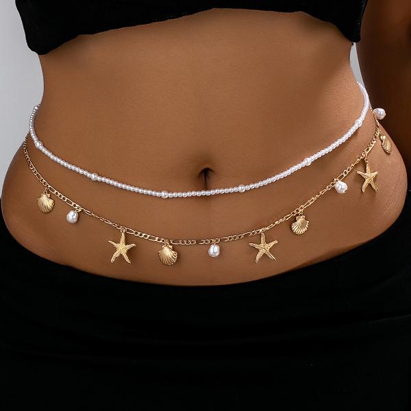 

Bohemia Starfish Conch Belly Chain for Women Summer Beach Double Layer Pearl Shell Beaded Waist Chain Beach Bikini Body Jewelry
