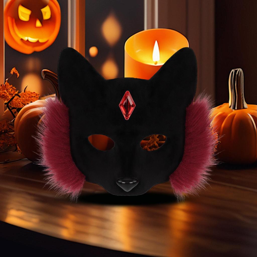Face Cover Costume Cat Breathable Halloween Headwear Faux Face Cover With Gems For Adults Kids Christmas Holiday Masquerade