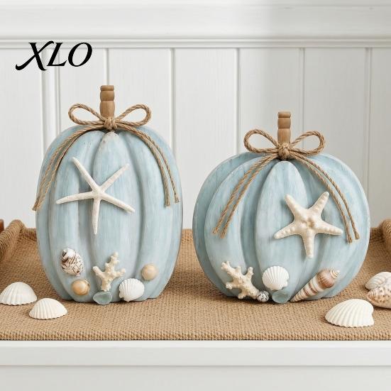 Rustic Farmhouse Style Gift Ideas 2Pcs Coastal Pumpkin Decor, Blue Wood Sign, Fall Seasonal Holiday Tabletop Figurines Table Centerpiece for