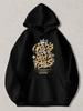 Black Pullover Hoodie with Golden 'God's Love Never Fails' Graphic Print Crown & Heart Design Casual Streetwear Sweatshirt for Dai