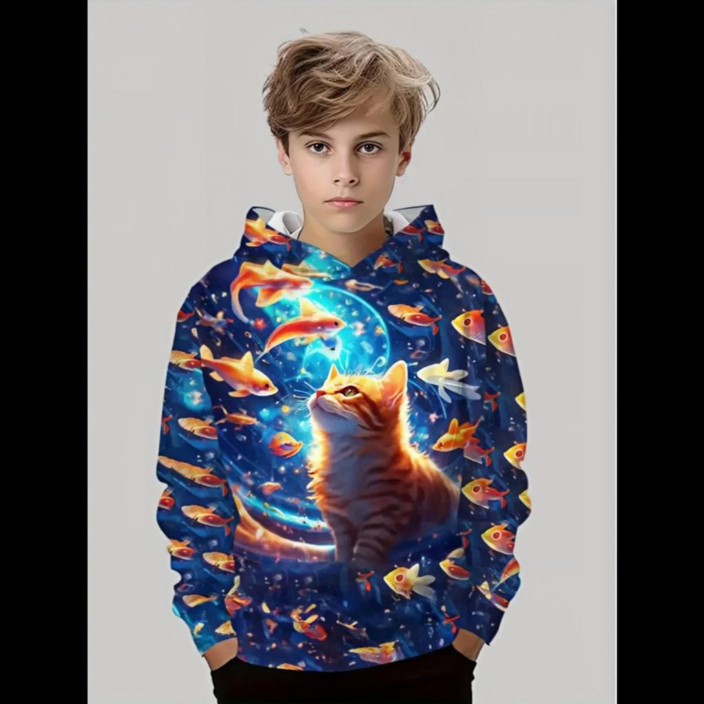 3D Kids Clothing Long Hooded Sweatshirt Girls Cute Cat Printed Clothing Kids Casual Comfortable Outdoor