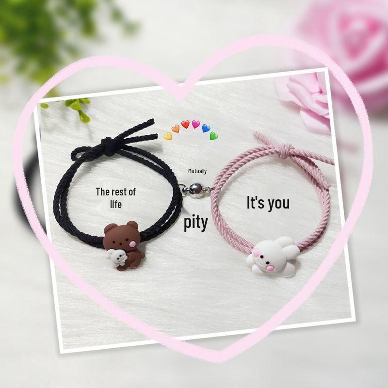 Charming Cartoon Teddy Bear Bracelet & Hair Tie Gift Set - Magnetic Couple Keepsake with Small Leather Case for Boyfriend or Best Friend