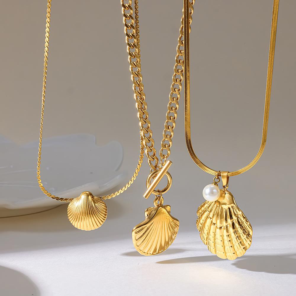 ins Ocean Series Stainless Steel Shell Imitation Pearl Pendant Necklace Women's Plated 18k Gold Waterproof Jewelry Light Luxury