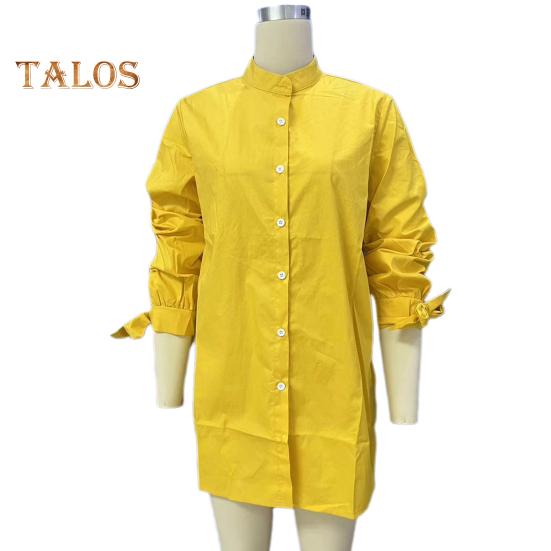 Women Long-Sleeved Shirt Commuter Solid Color Loose Fit Top Round Neck Mid-length Shirt for Work Parties Vacation