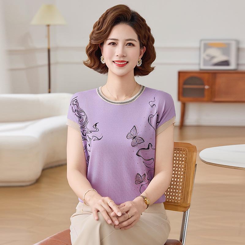 

Women s Summer Ice Silk Short-Sleeve Knit Top - Loose Fit, Round Neck for Middle-Aged and Older L (up to 105 jin)