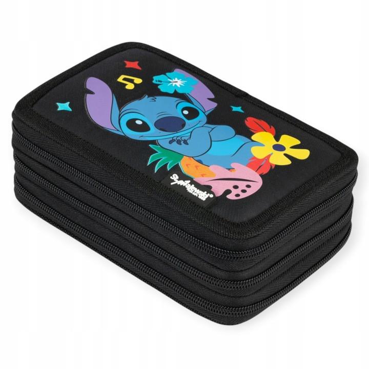 Three-Compartment Triple School Pencil Case With Equipment Disney Stitch Black