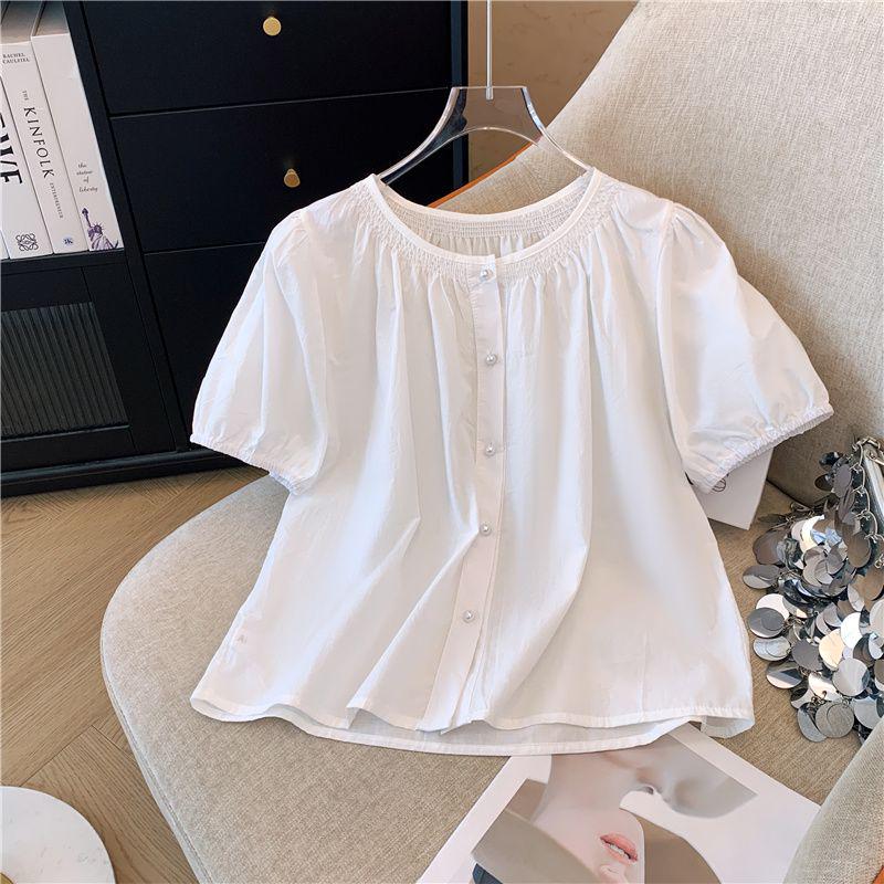 French Mint Bubble Round Neck Shirt - Summer 2026 Design, Short Sleeve, Loose Fit Top