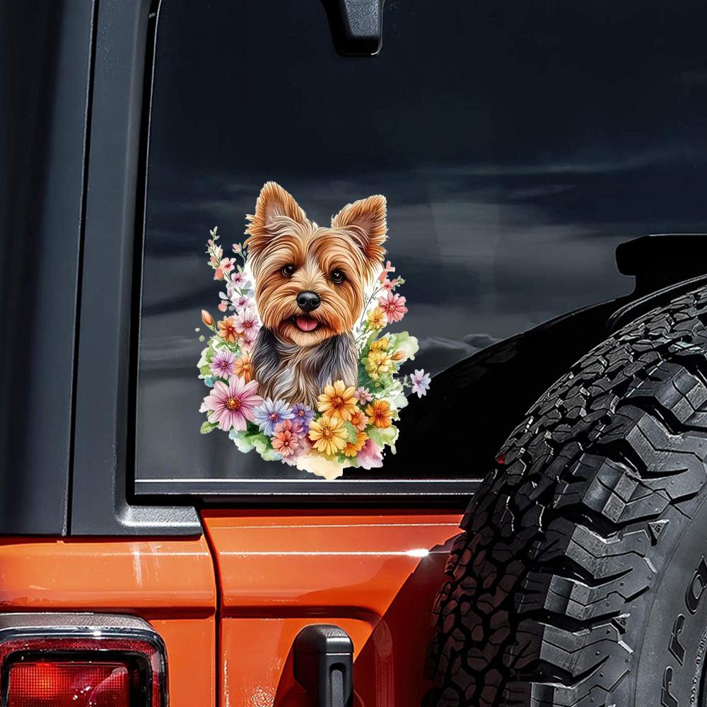 QT2028#15cm Yorkshire Terrier und Blumig Wasserdichter Auto-Dekorationsaufkleber, Geeignet für Autos, Laptops, Stoßstangen, Glasfenster-Aufkleber
