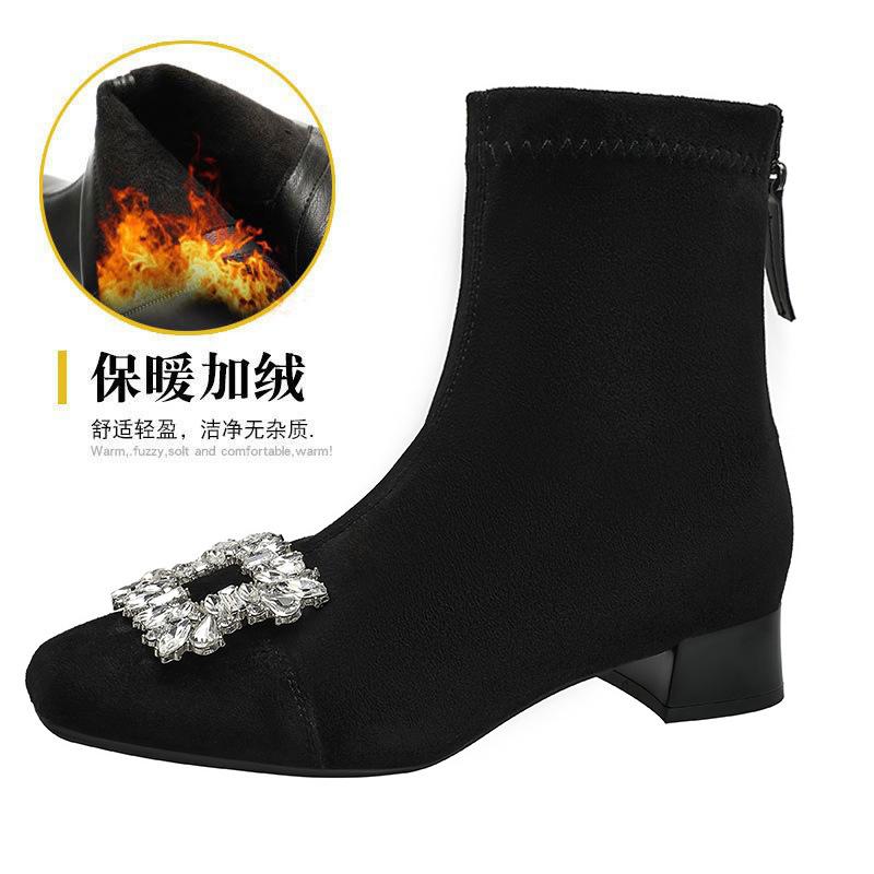 Wildleder-Stiefel mit quadratischer Spitze, kurze Stiefel, neu 2025, kaffeefarben, mittelhoher Schaft, Damenstiefel, Strass-Viereckschnalle, niedriger Absatz, Frühling und Herbst sin