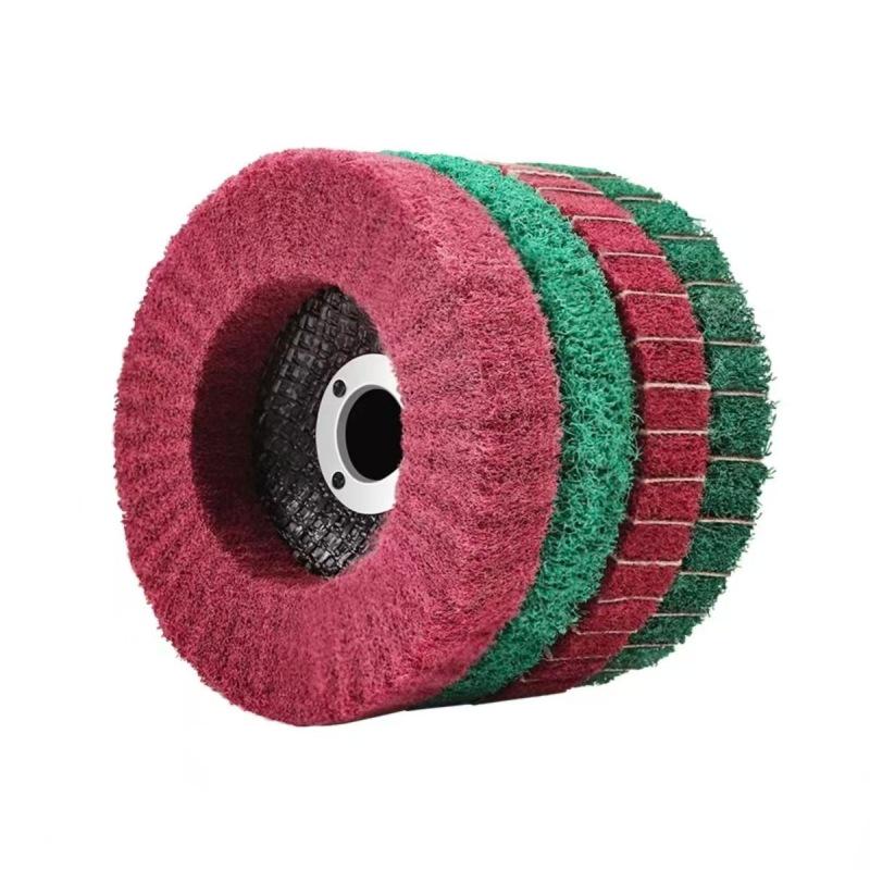 Ruiyan 4" Vertical Angle Flap Wheel: Abrasive Polishing & Wire Drawing Tool with Scouring Pad.