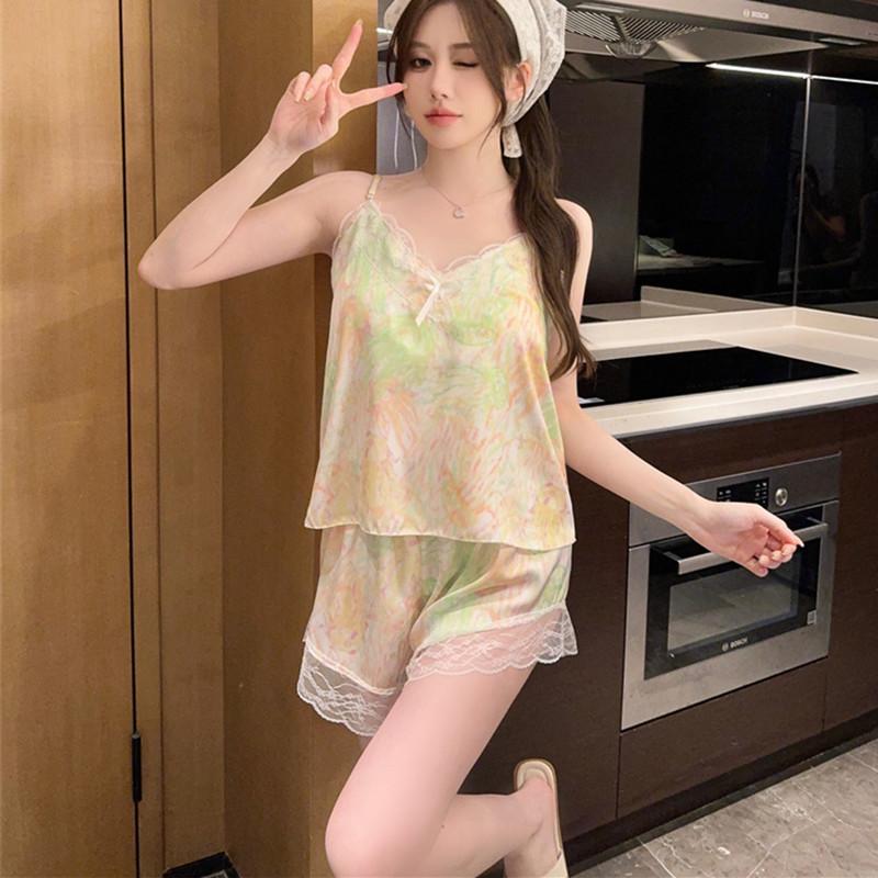 Summer New Ice Ribbon Chest Pad Sweet and Cute Pure Sexy Lace Suspender Shorts Printed Two-piece Set Women's Spring and Autumn