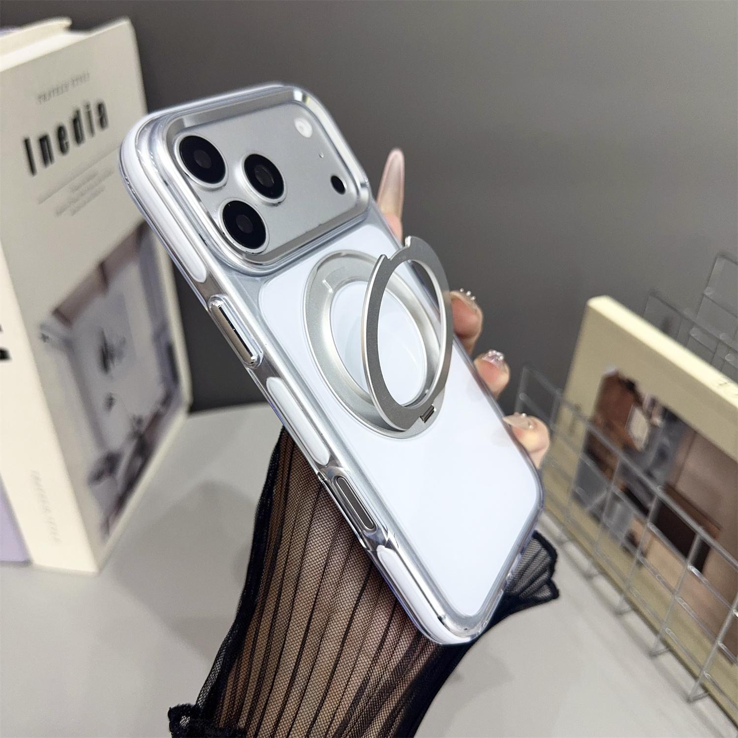 

For iPhone 17 Pro Max Magnetic Case Clear Luxury Aluminum Ring Stand 360° Rotating Shockproof Anti-Drop Transparent Cover iPhone17 Pro белый