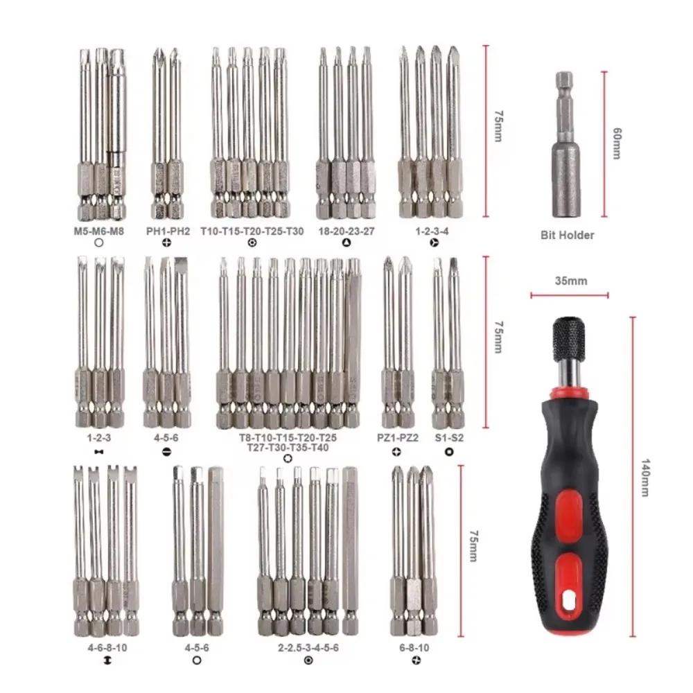 Repair 55 Pieces Extra Long Bits Set S2 Steel HRC55-60 Cross Torx Star Hex Bit Magnetic Screwdriver 75mm Length Bag Packing