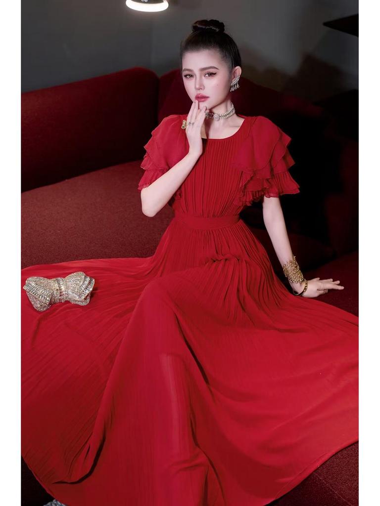 European Style Spring/Summer 2026 Women's Ruffle Short Sleeve Pleated Dress
