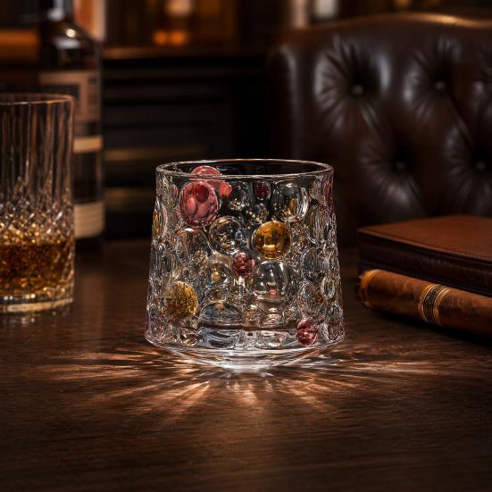 Rotating Whiskey Glass, Hand Painted Swivel Tumbler with 360-degree Spinning Base, Faux Crystal Liquor Glass Cup for Home Bar