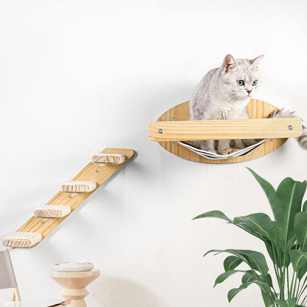 3Pcs Cat Hammock with Four Step Sisal Stairways or Scratching Posts Set Wall Mounted Wooden Cats Furniture Climbing Shelf Perch