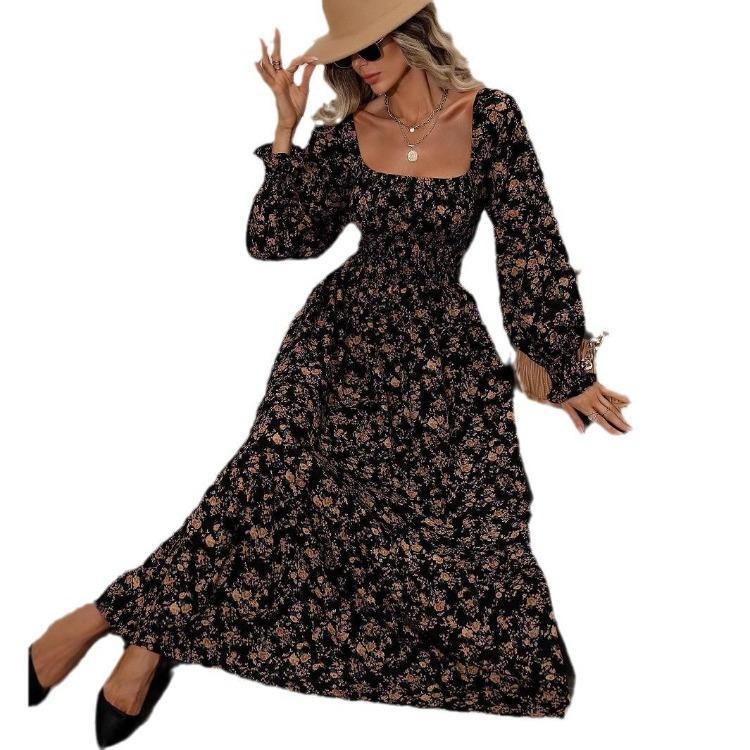 Elegant Floral Print Summer Dress for Women A Line Square Neck Long Sleeve Maxi Dress with Ruffle Hem