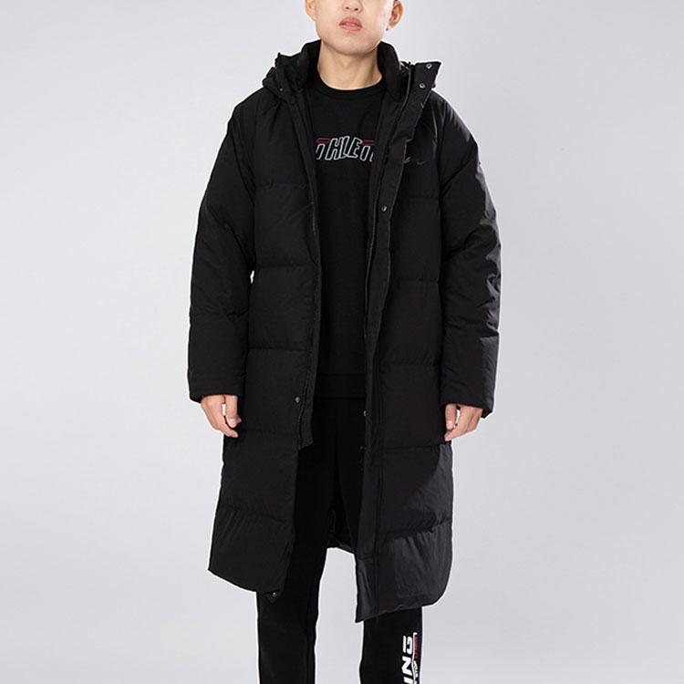 Lining Training Series Casual Windproof Warm Long Hooded Down Jacket Men Outerwear Black AYMR265-1
