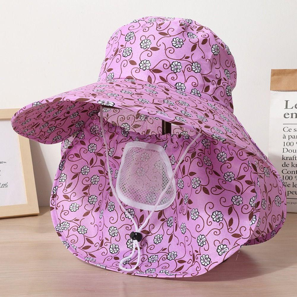 Printing Mesh Tea Picking Hat Face Mask Wide Brim Sun Hat Casual Sunshade Shawl Cap  Hiking
