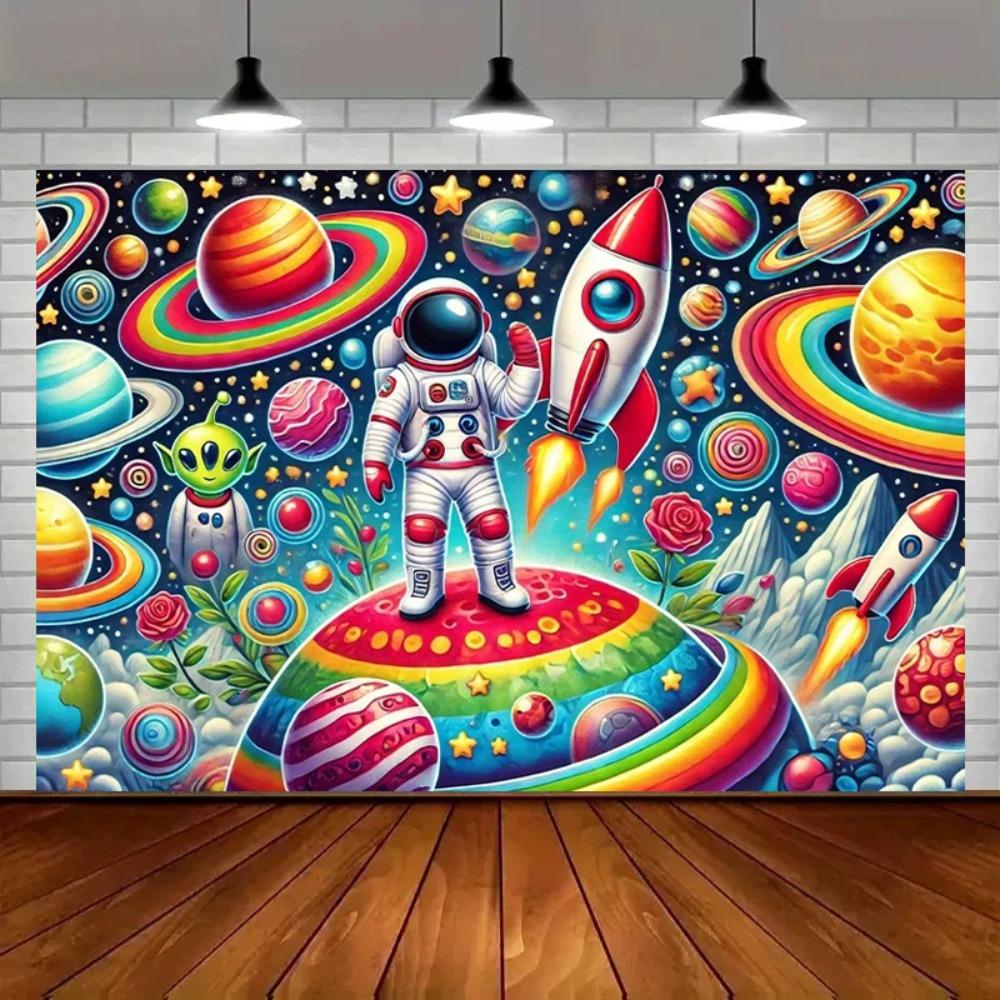 Astronauts in The Magnificent Scene of Planets Themed Banner Background Birthday Party Decoration Photography Background Cloth