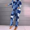 Women's Denim Patchwork Long Sleeve Top and Cropped Pants Set In Multi-Blue, White, Black, Green Floral, Navy Floral, and White Checkered