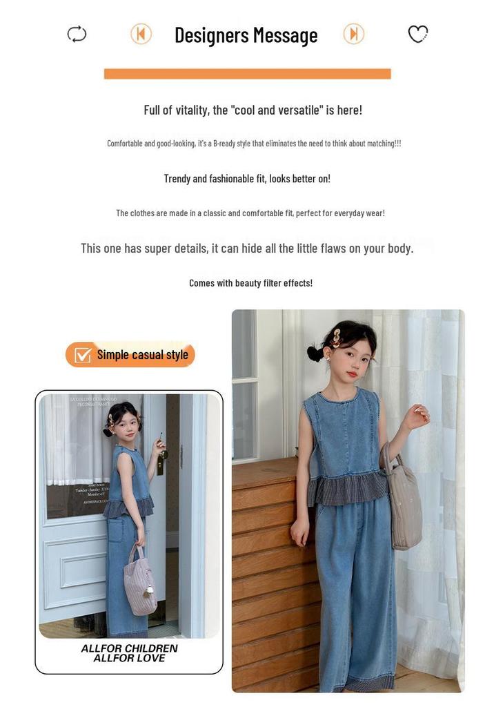 Girls' Summer Denim Plaid Lace Two-Piece Set: Sleeveless Vest & Wide-Leg Pants, Korean Style