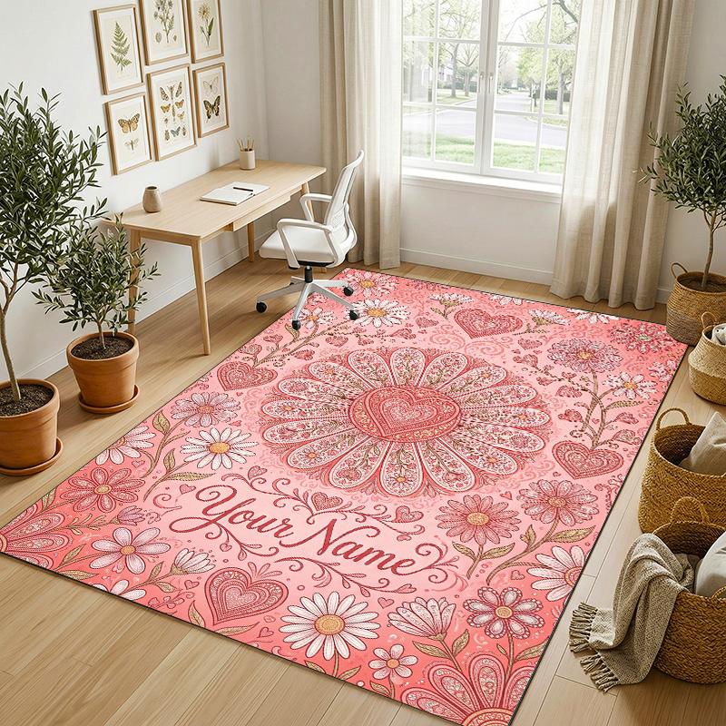 Floral Theme Soft Crystal Velvet Rug Custom Name & Text Print Non Slip Floor Rug for Bedroom Living Room