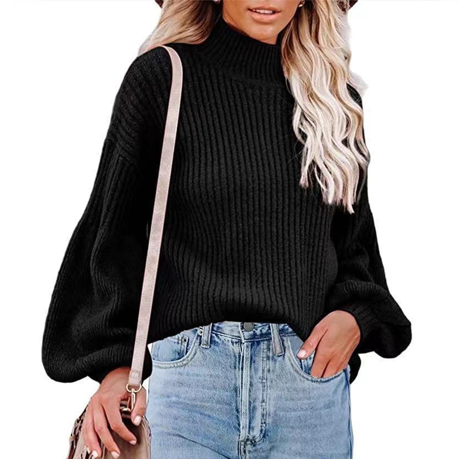 

Women s Solid Color High Collar Long Sleeve Pullover Blouse Knitted Sweater XXXL чёрный