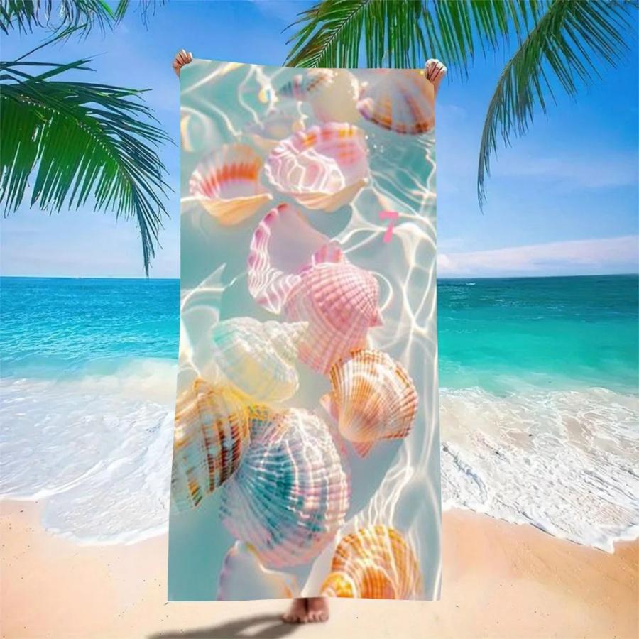 Seashell Beach Towel with Water Ripple Effect - Quick Dry Microfiber, Iridescent Shell Print Sand Free Blanket for Ocean Vibes
