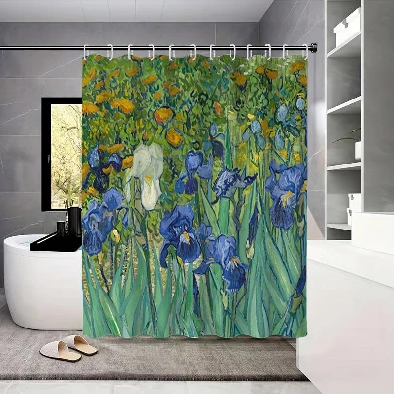

1Pc Blue Irises, Abstract Art, Waterproof And Fabric, Bathroom Decor W60H190(CM)-1 Pcs