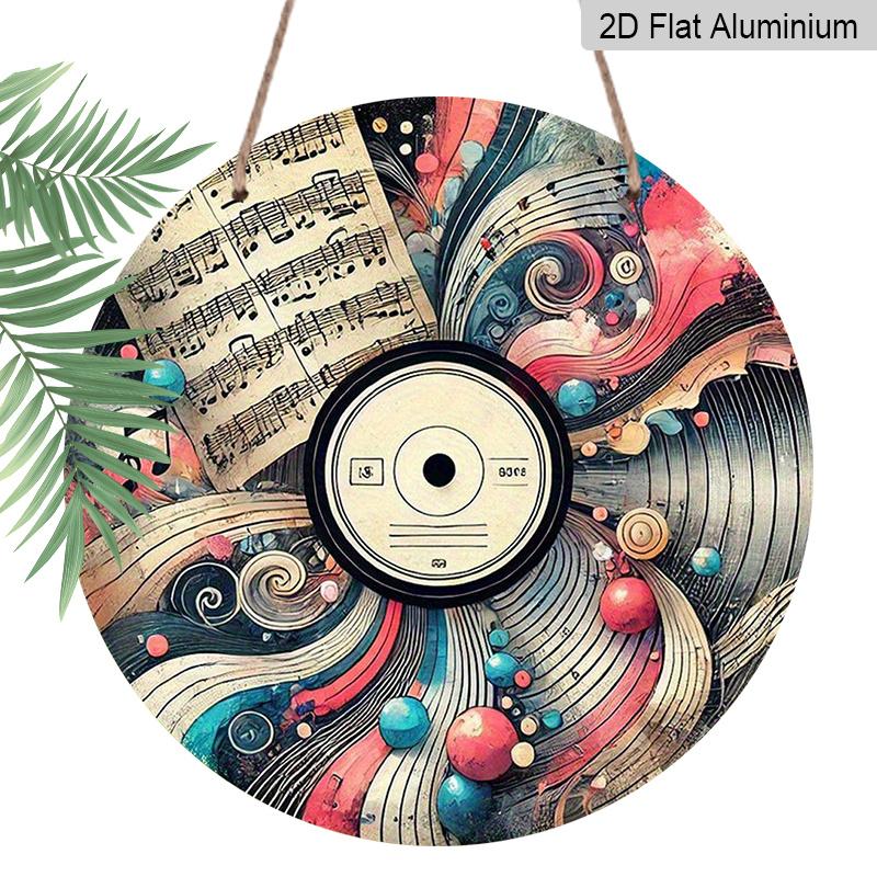 2D Flat, 1pc Round Aluminum Abstract Vinyl Record Metal Sign, Vintage Sheet Music & Artistic Swirl Wall Plaque, Waterproof Rustproof Decor, Perfect