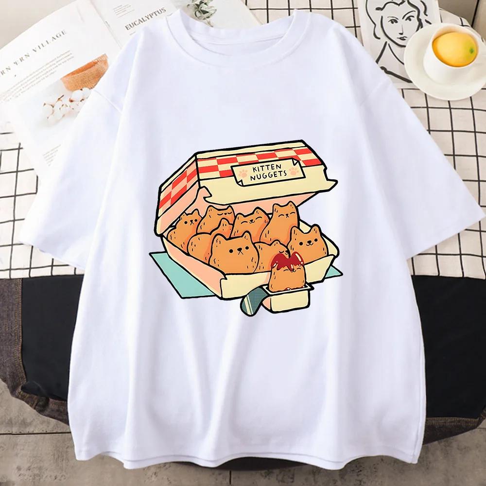 Kitten Nuggets Happy T Shirts WOMEN Kawaii/cute High Street Tshirts Cotton T-shirts Cat Biscuits Dipping Sauce Short Sleeve