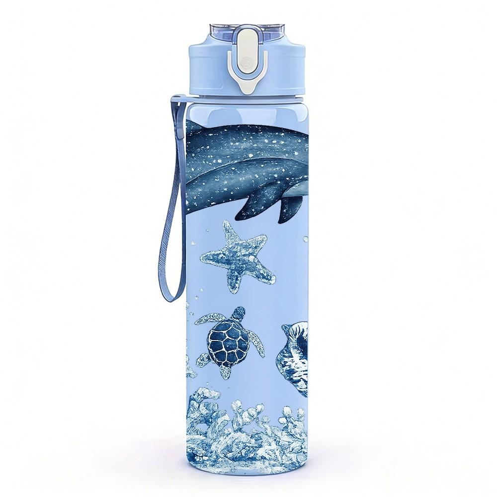 1PC Dolphin Seastar Ocean Wave Print 750ml Color Plastic Sports Water Bottle Leakproof Flip Straw Lid Suitable for Sports Office Home Use