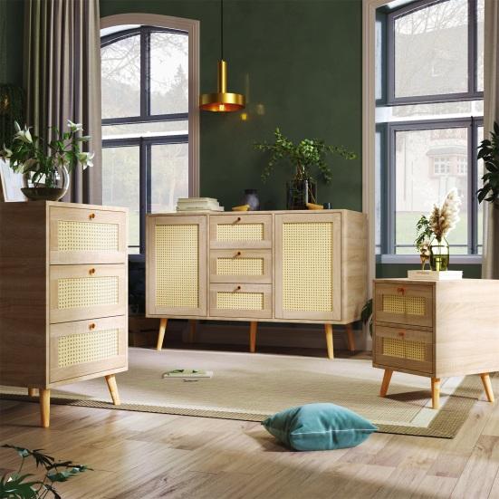 Modern Nightstand Side Table with 2 Drawers Rattan Front Oak Grain Solid Wood Legs Bedroom Small Spaces Bedside Table Natural Square Accent Table