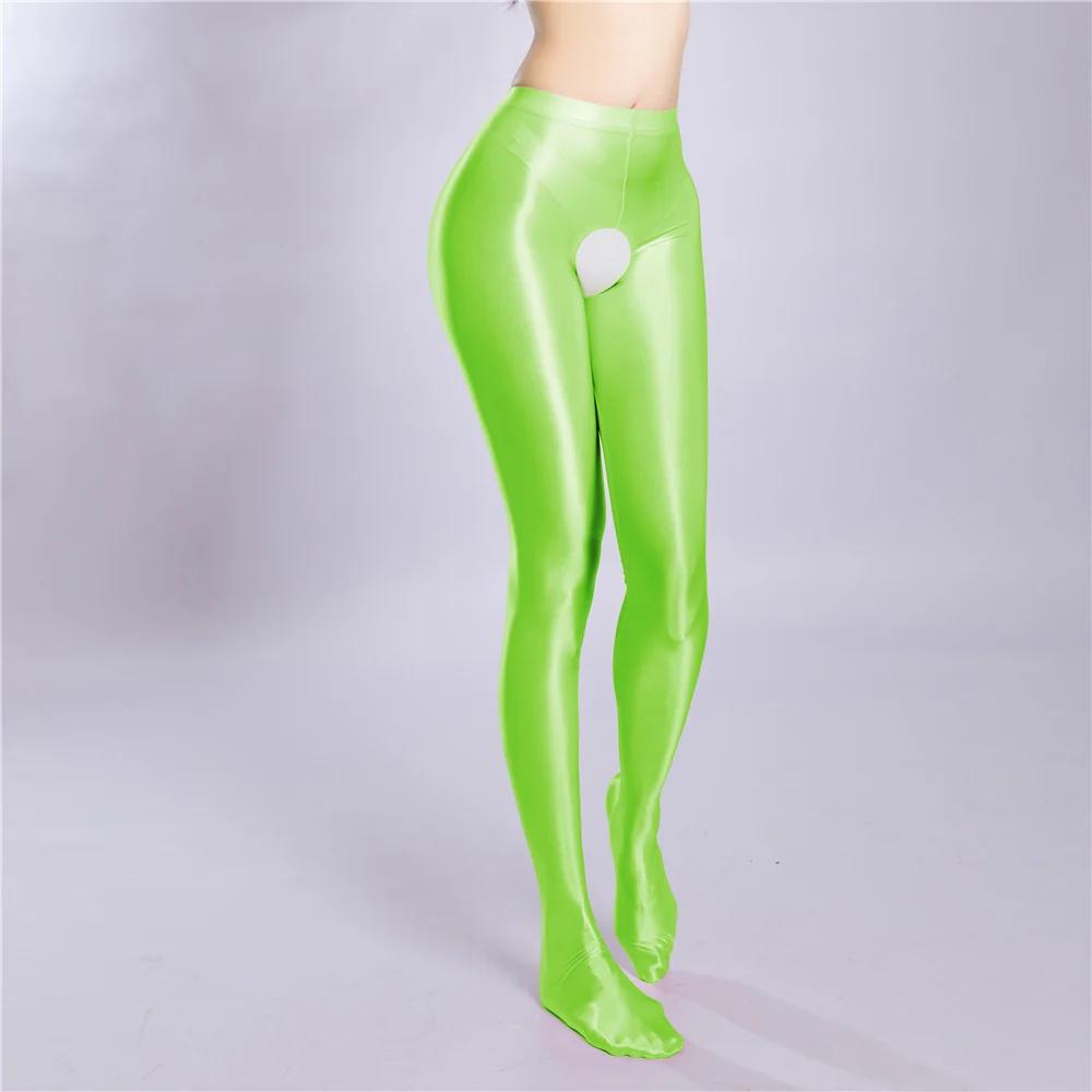Sexy Women Crotchless Pencil Pants Elastic Glossy Shiny Slim Leg Yoga Shape Legging Tights Summer Ootd Fashion Party Dance